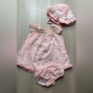Tahari Pink Gingham Baby Dress with Floral Embroidery